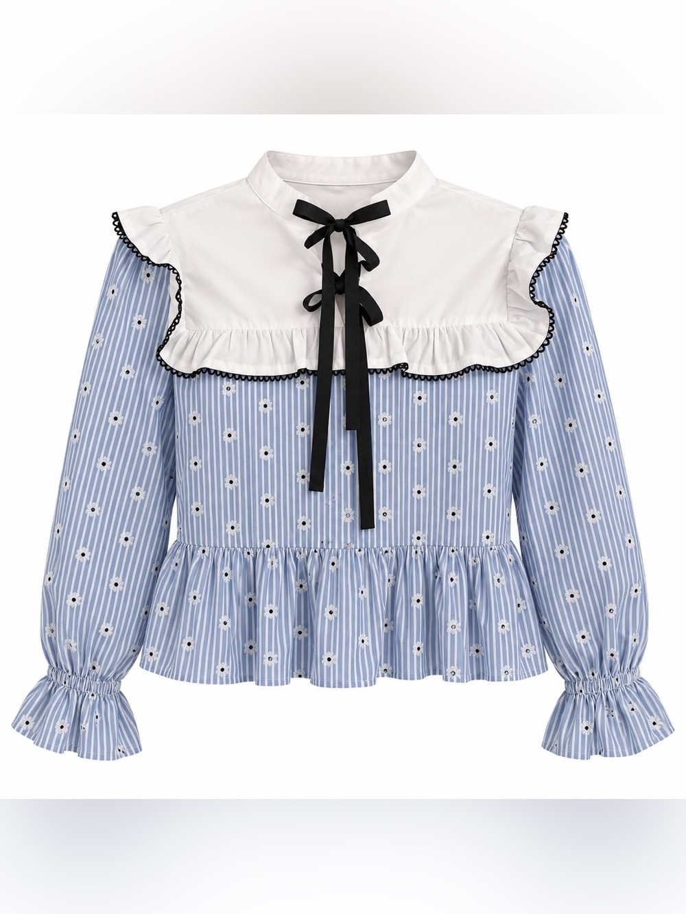Jacquie The Label Blue Stripe Eyelet Ruffle Bow Blouse Small NWOT